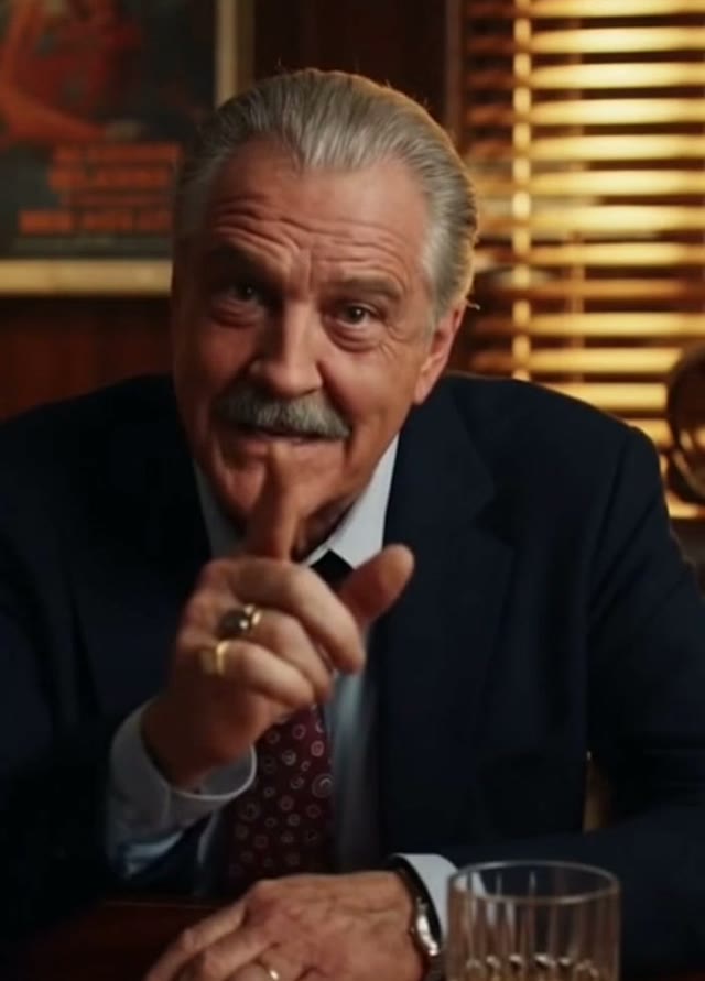 Donald P. Belmesario, silver-haired with a moustache, in a navy suit, pointing at the camera from his desk